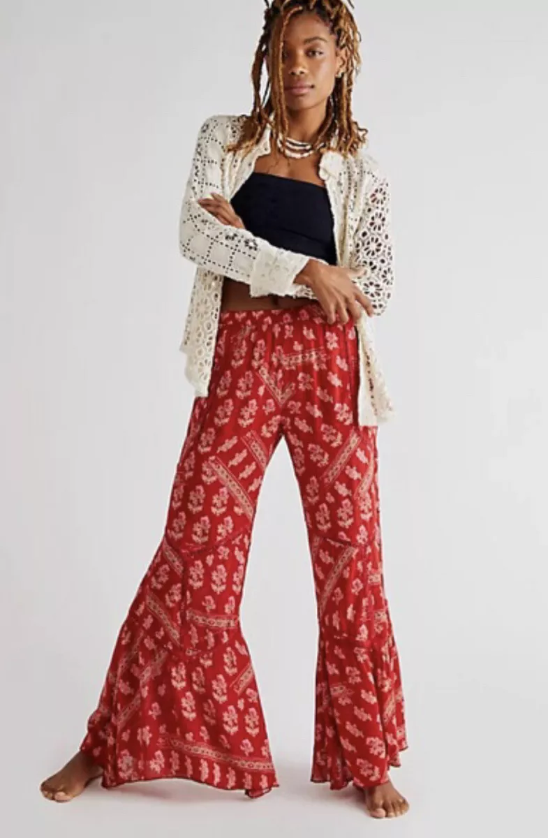 Free People Fiji Flare Pants Floral Print Embroider Lace Piecing