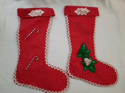 1960's Retro Adorable Pair Vintage Christmas Stockings Felt Homemade Mom & Dad