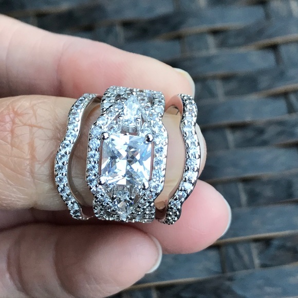 3 piece 3pc 18K White Gold Plated Wedding Engagement Ring Set