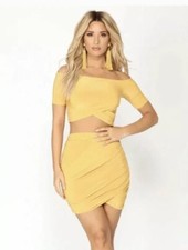Fashion Nova Mustard Two Piece Dress Skirt Matching Set Crop Top Women's MEDIUM