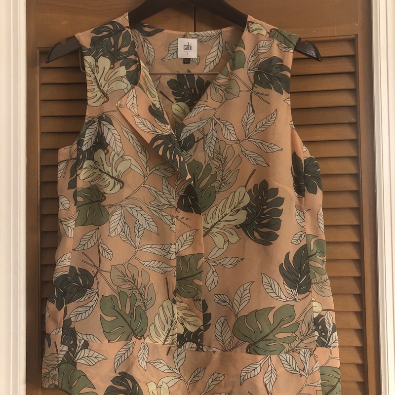 CAbi 5351 Tropical Sleeveless Monstera Leaf Print Blouse Size Small Peachy Pink