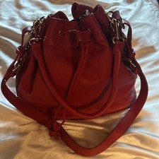 Ora Delphine Claire Drawstring Bucket Shoulder Bag Red Pebble Genuine Leather