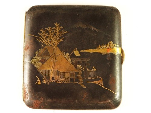 Komai Meiji Japanese Metalwork Cigarette Case Mt. Fuji Design K24 Gold Inlay - Picture 3 of 10