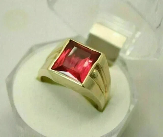 5Ct Emerald Cut Lab Created Red Ruby Solitaire Men's Ring 14k Yellow Gold Plated - Image 2 of 4