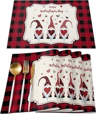 Set of 6 Dining Table Placemats Happy Valentine's Day Gnome Love Buffalo Plaid