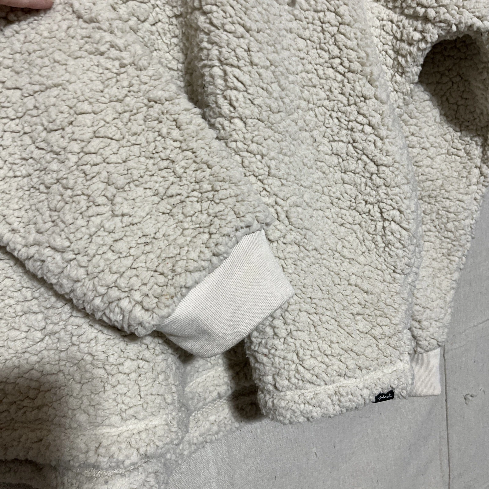 OFF WHITE Felpa con cappuccio pullover Victoria's Secret Varsity Sherpa mezza cerniera AVORIO grande