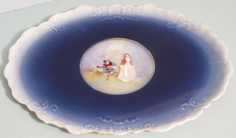 Antique William Guerin Co. Limoges Tray Minstrel & Lady Cobalt Blue 11 1/4"