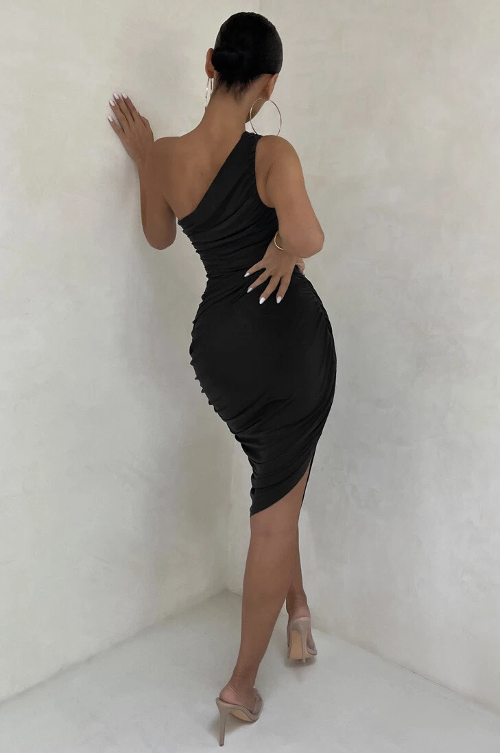 Black one shoulder cheap ruched slinky midi dress
