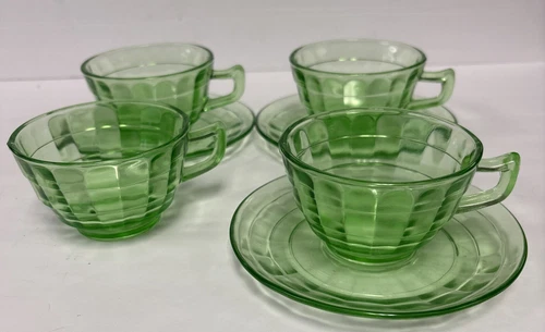 Anchor Hocking Block Optic Green Depression Uranium Glass Cups & Saucers 4 Sets
