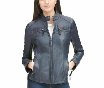 Women's Blue Biker Motorcycle Stylish Real Leather Jacket Soft Lambskin Coat New