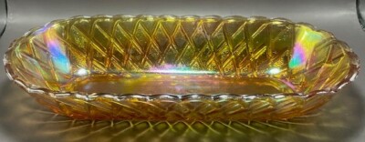 Vtg Indiana Glass Amber Carnival Basket Weave Celery Cracker Bread Dish 10''x5''