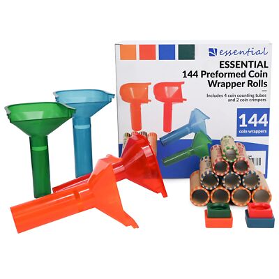 ESSENTIAL 144 Pcs Assorted Preformed Coin Wrapper Rolls with Color Coded Coin...