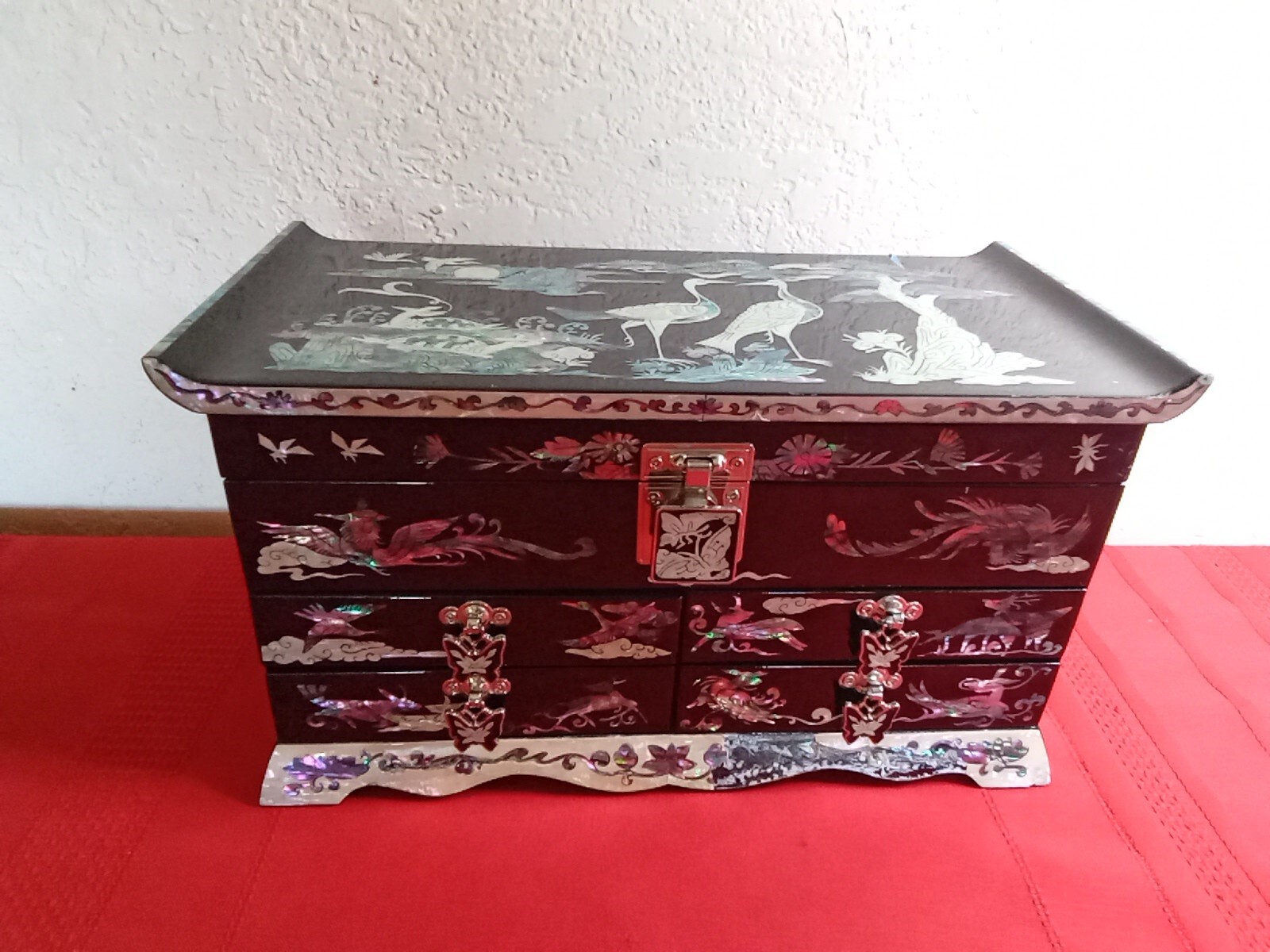 Mother of Pearl Wooden Jewelry Box with Crane Design in Black
