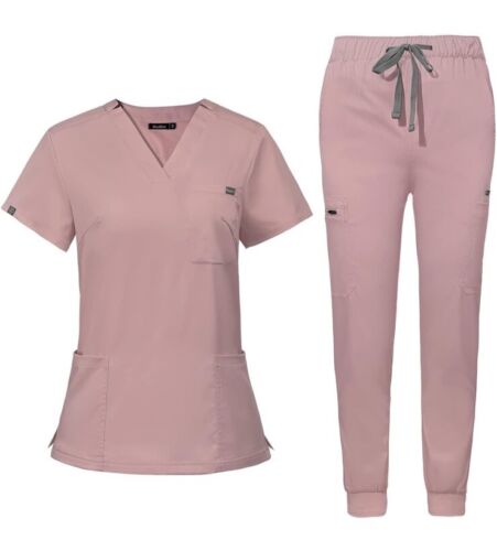 NiaaHinn Scrub Uniform Women Medical Nurse Scrub Set V-Neck Tops Jogger Pants