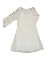 White Gauzy Crochet Flutter sleeve Boho Feminine Flowy Dress  Size S Minimalist