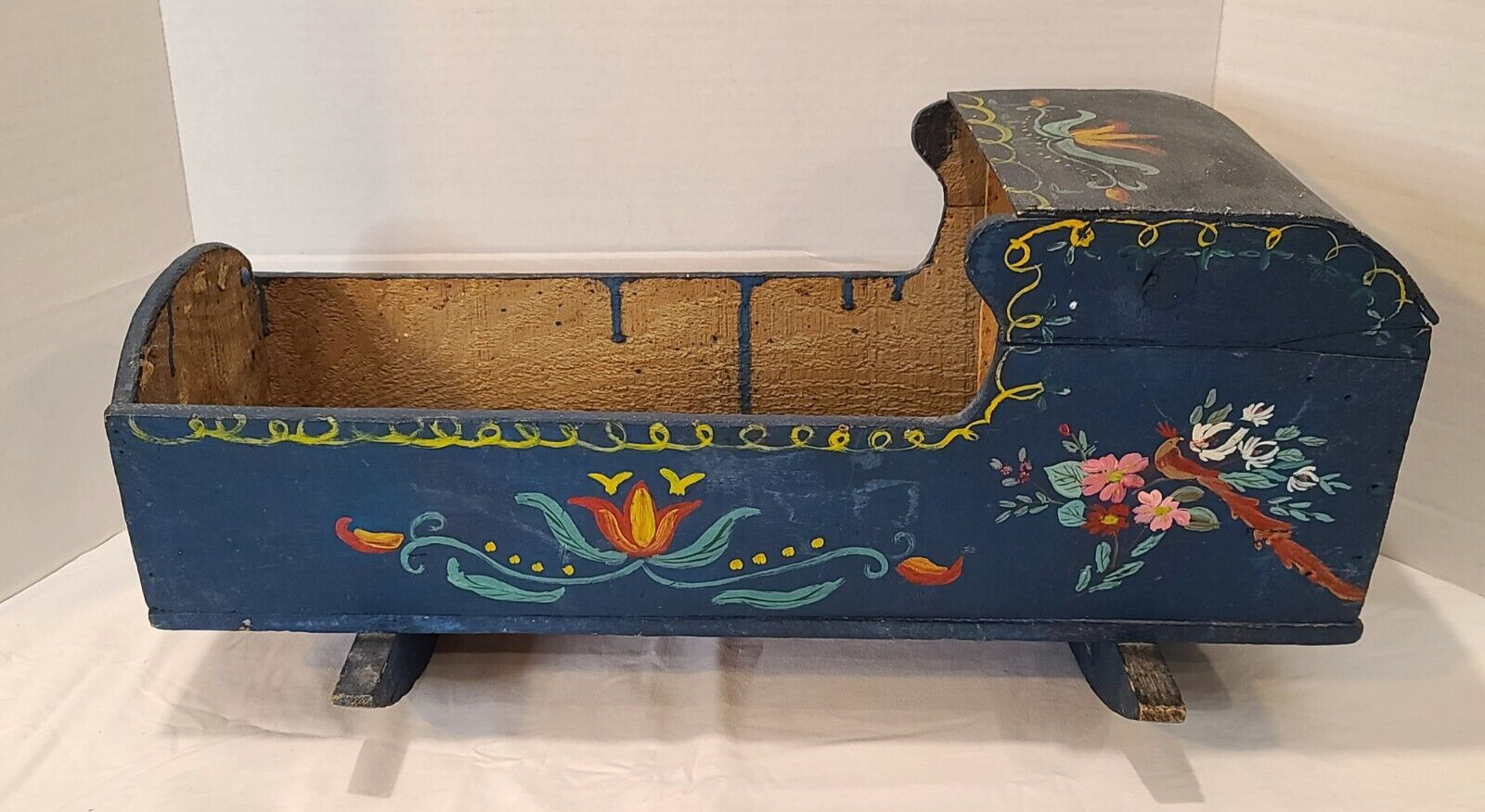 Vintage Antique Primitive Folk Art Baby Doll Cradle Rocker Rocking Wood Toy 22"