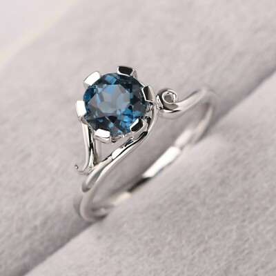 Genuine London Blue Topaz Ring 925 Sterling Silver Ring Round Cut Ring ...