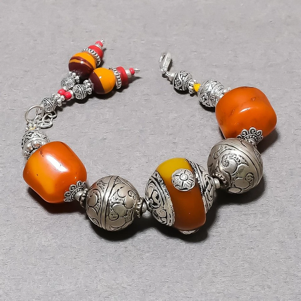 Armband gelb Bernstein roter Onyx handgefertigt Geschenk tibetischer nepalesi... - Bild 2 von 4