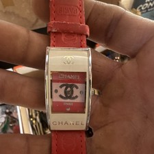 CHANEL Women's Quartz Analog Wristwatch Rectangle Red Leather Strap Silver Case