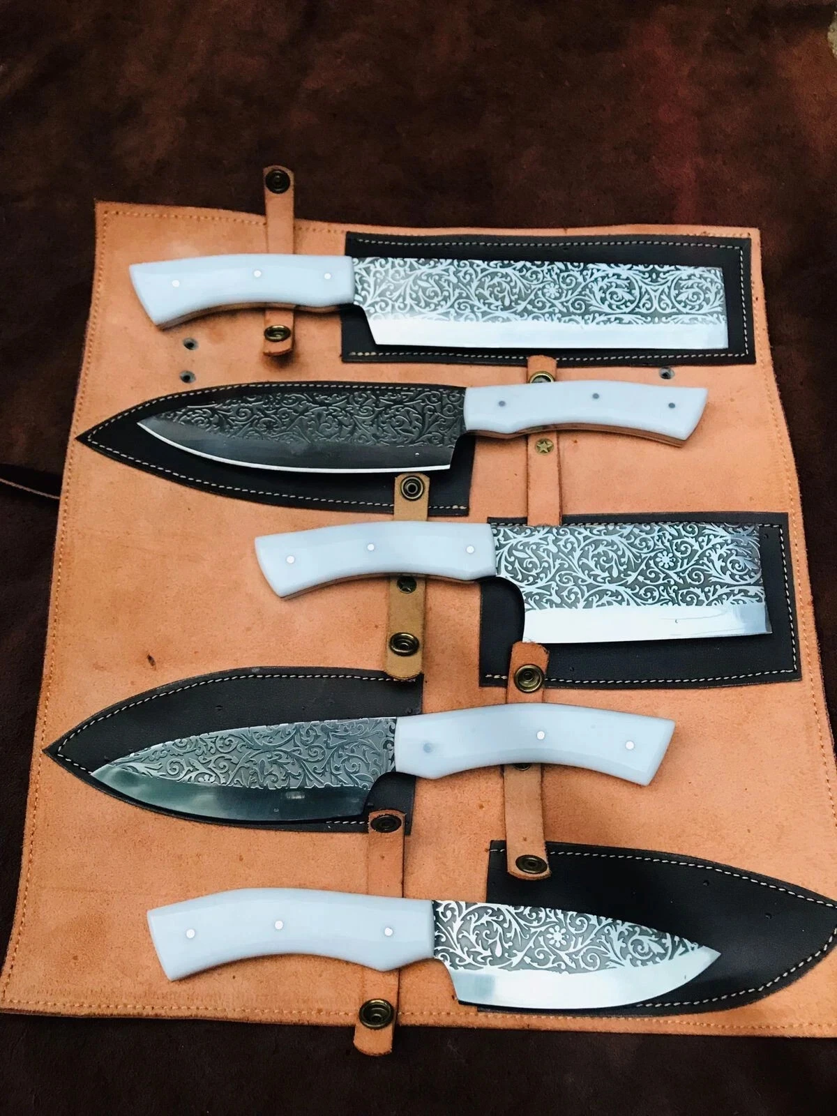 Rare Hand Forged Damascus Steel Full Tang Chef Set Dining Set Kitchen Knife Gift