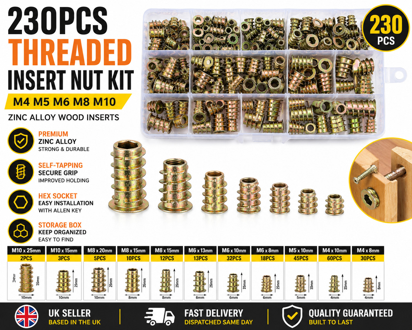 230PCS Threaded Insert Nut Kit M4 M5 M6 M8 M10 Zinc Alloy Wood Inserts