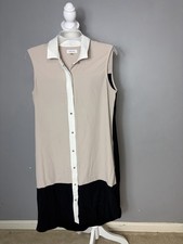 Calvin Klein Women Button Up Tan Black  Sleeveless Dress Office Dressy Size 10