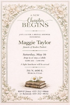 Custom A New Chapter Begins Bridal Shower Invitations   30 Printed 5x7 With Env.