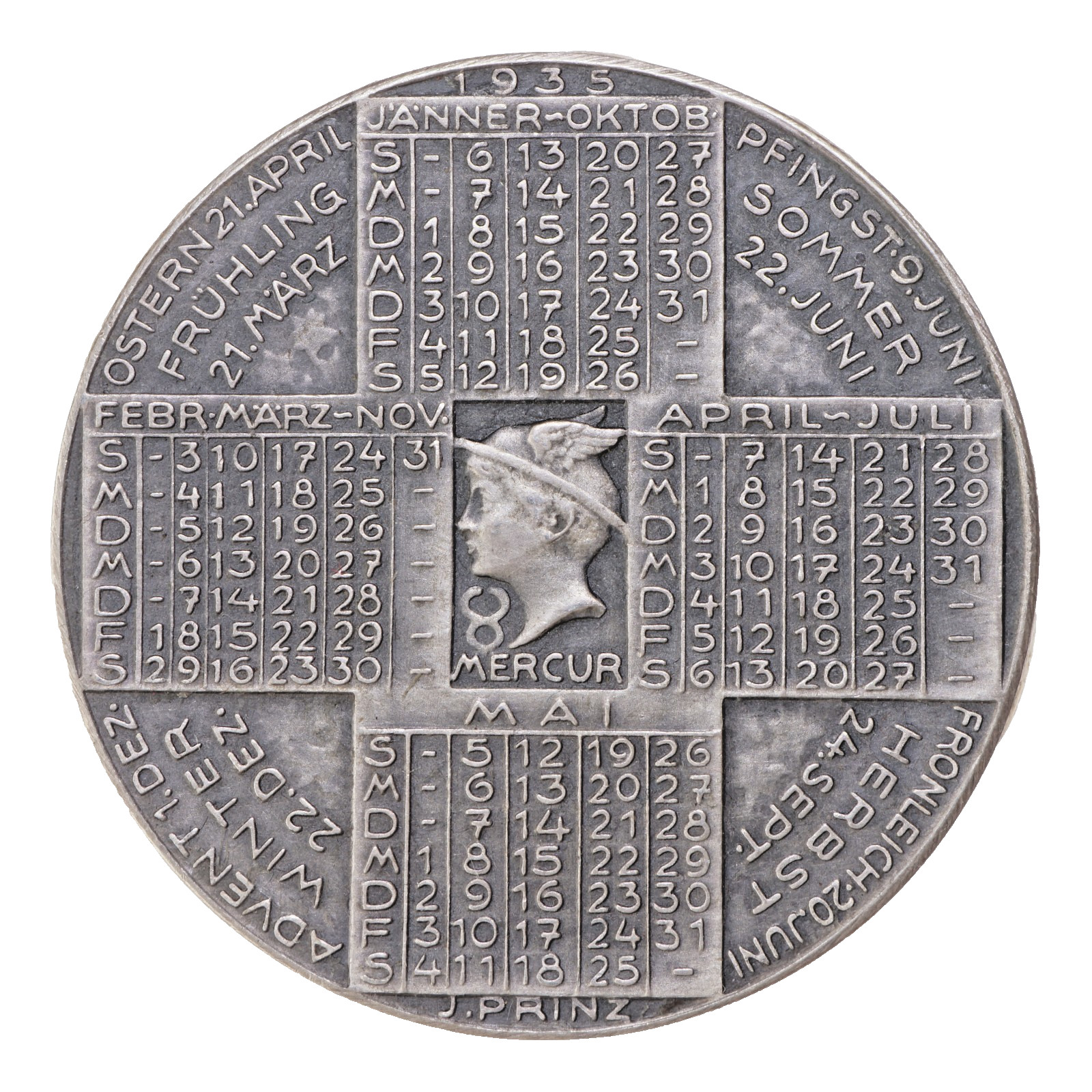 Kalendermedaille 1935 Silber Punze 900, Mercur, Münzamt Wien, Österreich VA2-24