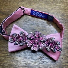 Pink Bow Tie Rhinestone Flowers Adjustable Neck Satin Bowtie AkA Womens Tux