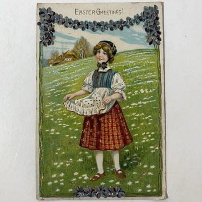 Easter Postcard Greeting Farmer Gir Holding Eggs In Dress Flowers Embossed Gold