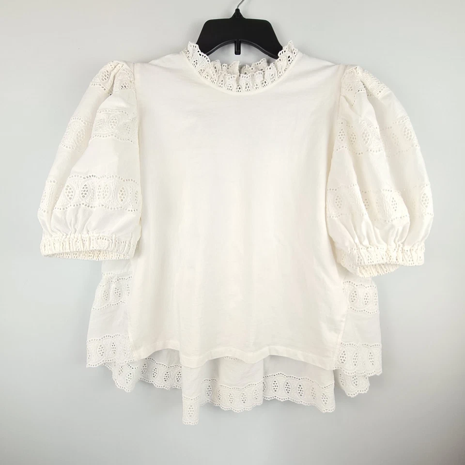 ANTHROPOLOGIE Othilia Womens XL Top Ruffle Lace Peasant Balloon Sleeve Ivory