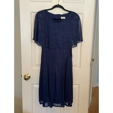 NWT J. Taylor Dress Size 12 Dark Blue Sparkle Formal Cape Evening Crew Neckline