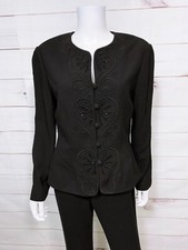 Adrianna Papell Womens Blazer Sz 12 Black Embroidered Shoulder Pads Long Sleeve