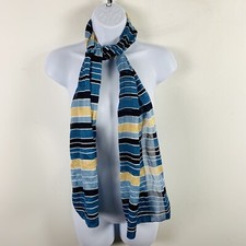 VINTAGE Womens Rectangle Scarf Navy Blue Tan White Striped Classic