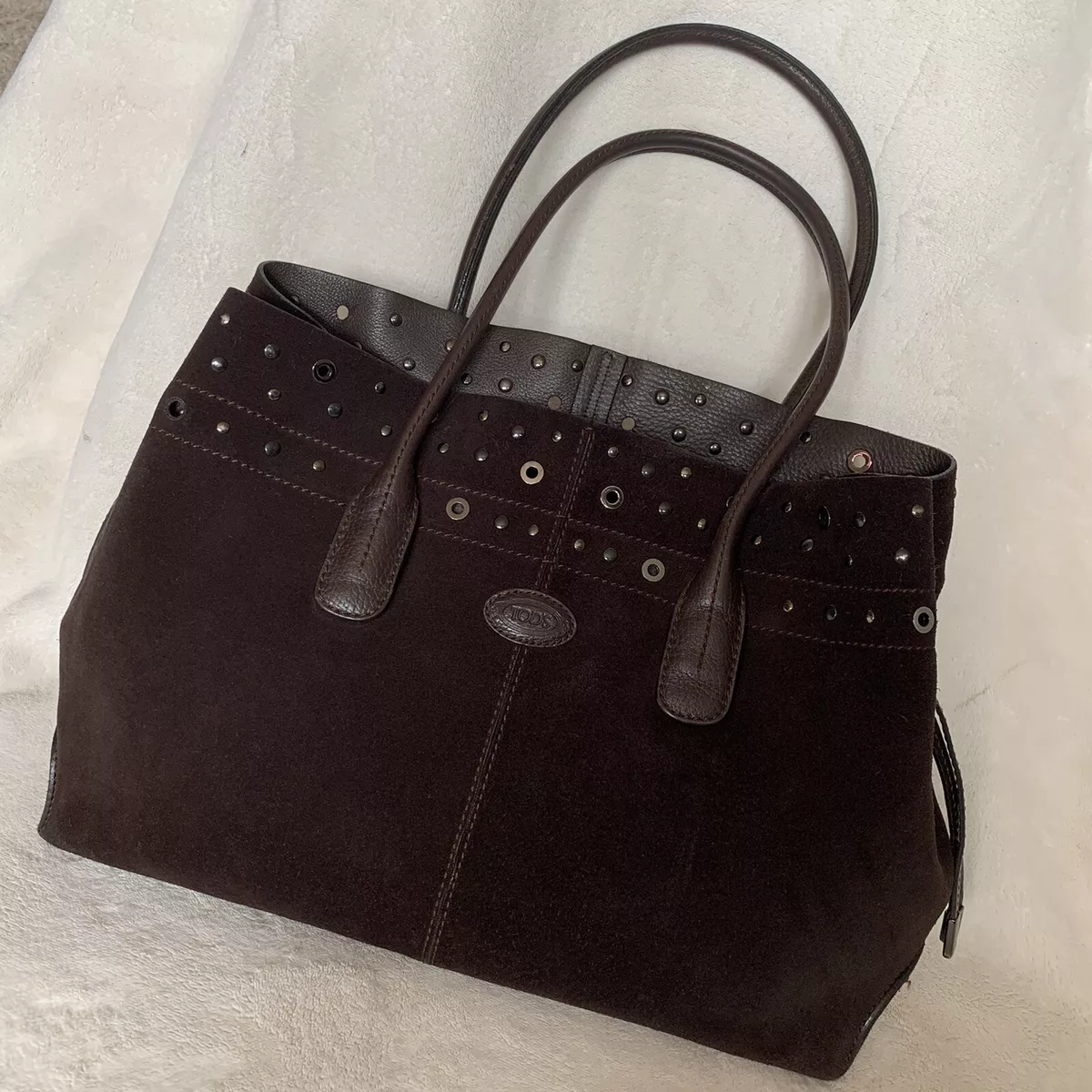 Authentic TODS Brown Leather And Suede Leather With Metal Studs D Bag Large Tote