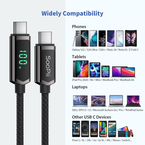 SooPii 100W USB C to USB C Cable Nylon Braided Cable with LED Display - Photo 7 sur 44