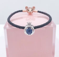 New Authentic PANDORA 925 SS Blue Sparkling Crown O Logo Charm Pendant 798266NMB