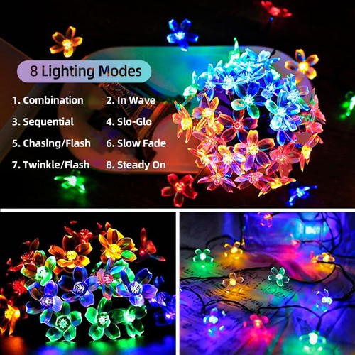 100/200 LED Solar String Lights Peach Flower Fairy Outdoor Party Decor Colorful - Picture 5 of 13