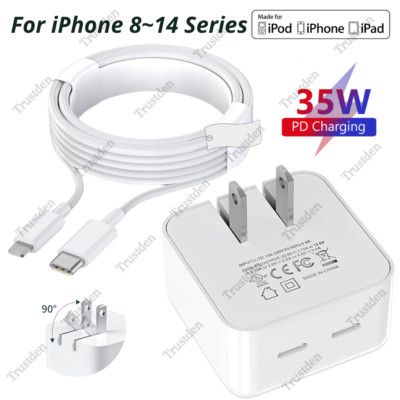 35W Dual USB-C Adapter PD Fast Charger Cable For iPhone 14 13 12 11 Pro XS XR 8