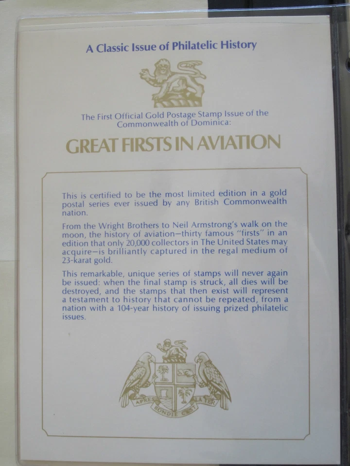 Dominica 'Grandes primicias en aviación' - Serie de estampillas de lámina de oro Foto 3 de 4