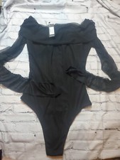 Boohoo Womens 10 Mesh Sleeve off the shoulder Bodysuit Black Long Sleeve Stretch