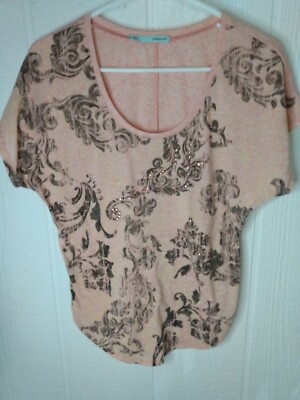 Maurices Womens S Bling Peach Brown Floral Scoop Short Sleeve Tee Top Shirt