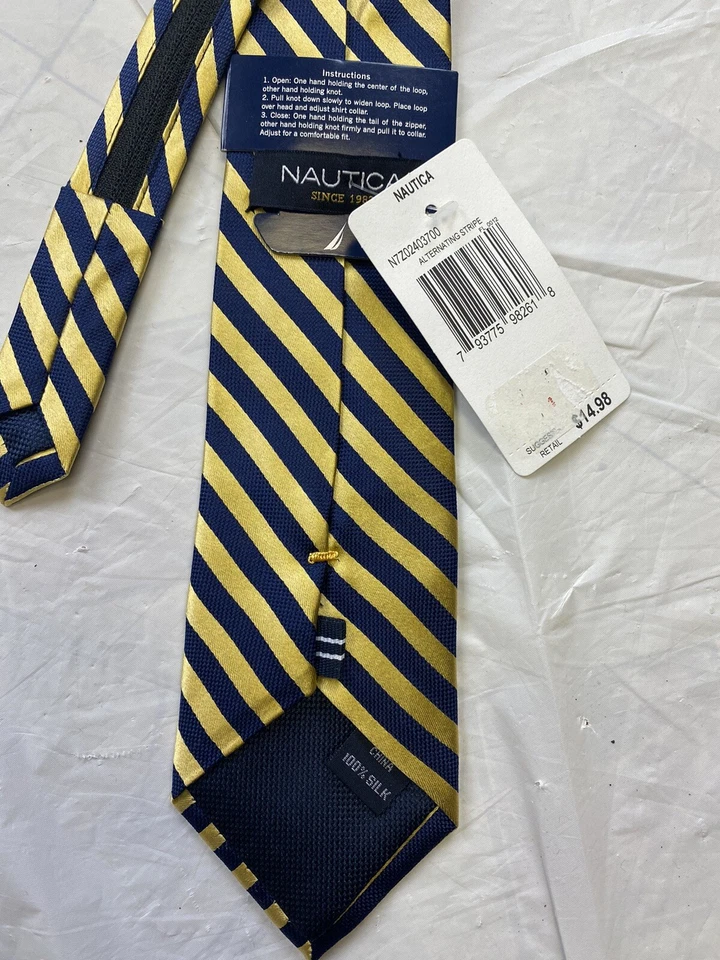 NEW NAUTICA Boys Zipper Blue Yellow Striped 100% Silk Necktie NWT - Image 4 of 4
