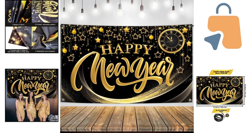 2025 New Year Eve XtraLarge Banner - Premium Black & Gold Photography Backdrop - Image 2 of 4