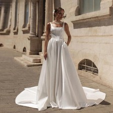 Simple Satin Wedding Dresses Square Neck Backless Pleated Pockets Bridal Gowns