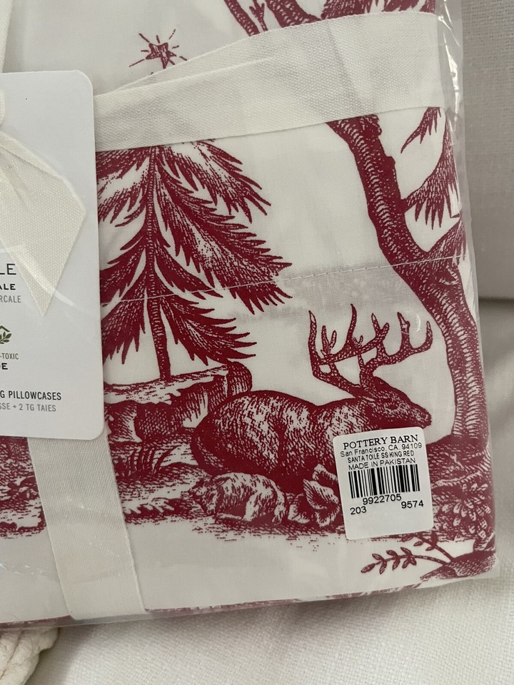 NWT Pottery Barn SANTA TOILE KING *COTTON* Sheet SET CHRISTMAS
