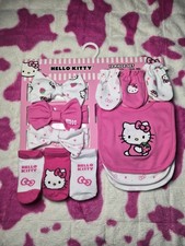 12-Set Strawberry Baby Girl Hello Kitty Mittens, Bibs, Socks  Headbands - New