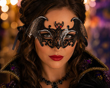 Black Bat Masquerade Mask Metal Laser Cut Red Rhinestone Mardi Gras F/S