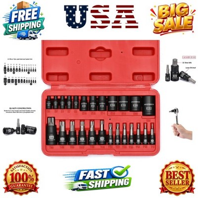 25 Piece Torx Bit and Socket Set, 13 Star Bits T8- T60 & 12 E-Torx Sockets E4...