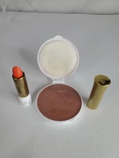 Vintage 60s Sharon Ray Deep Tan Compact & "Coral" Lipstick New w/Styrofoam Case